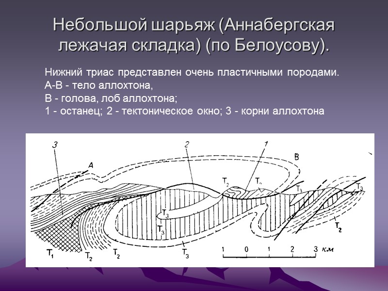 Небольшой шарьяж (Аннабергская лежачая складка) (по Белоусову). Нижний триас представлен очень пластичными породами. Небольшой шарьяж (Аннабергская лежачая складка) (по Белоусову). Нижний триас представлен очень пластичными породами.